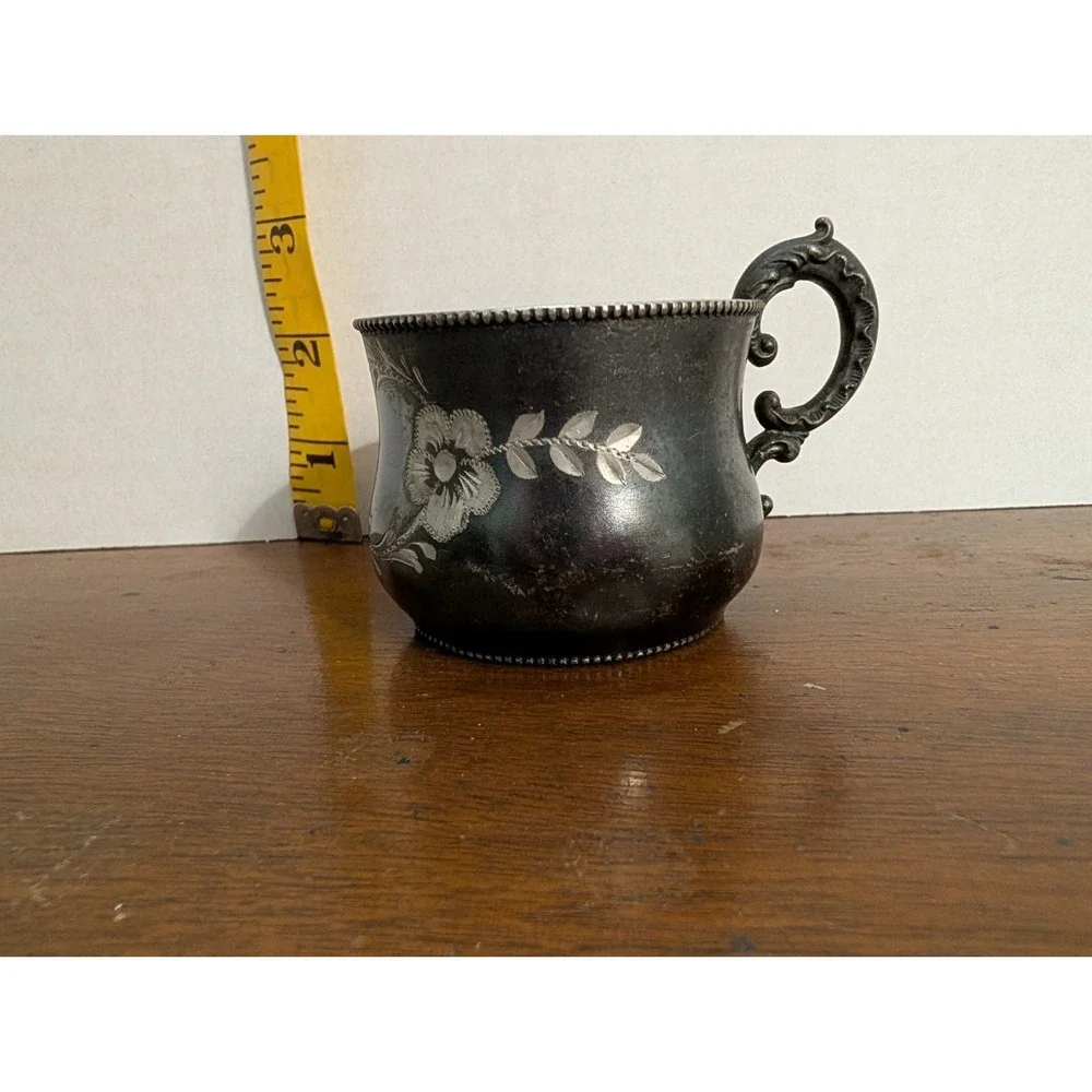 Superior Silver Company Quadruple Plate Cup, Etched Flowers & Ornate Handle 2
